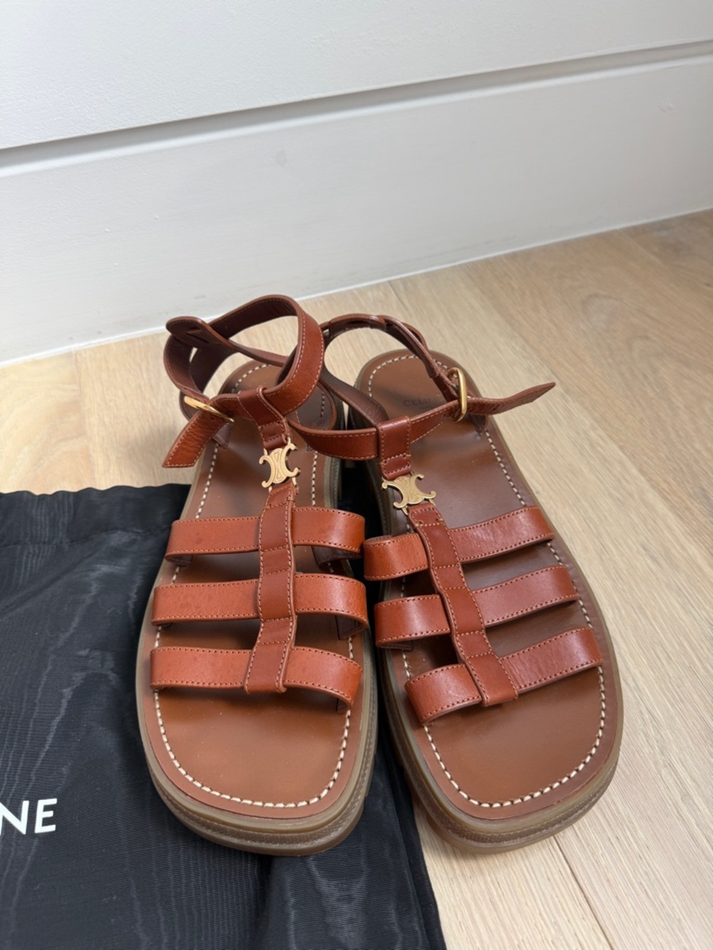Celine  Clea Triomphe Tan Brown Leather Gladiator Sandals with Gold Logo